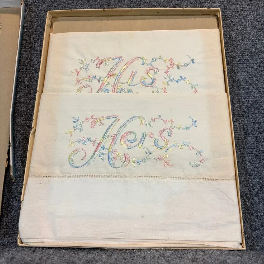 Vintage His & Hers Embroidered Pillowcases Set Blue Gold Floral Linen NIB Box